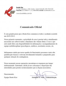 Nota oficial divulgada pela equipe da boate Kiss sobre a tragédia. Foto Reprodução